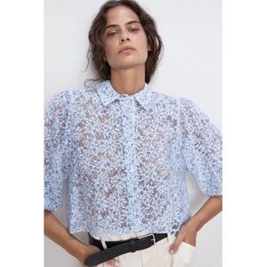 Zara Organza Blue Floral Button Down Blouse